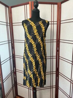 Sleeveless Black Midi Dress with Yellow Floral Stripe